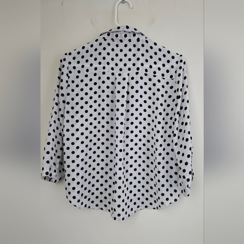 Mandee White & Black Polka Dot Button-Down Blouse | Collared | 3/4 Sleeves | M - Picture 10 of 11